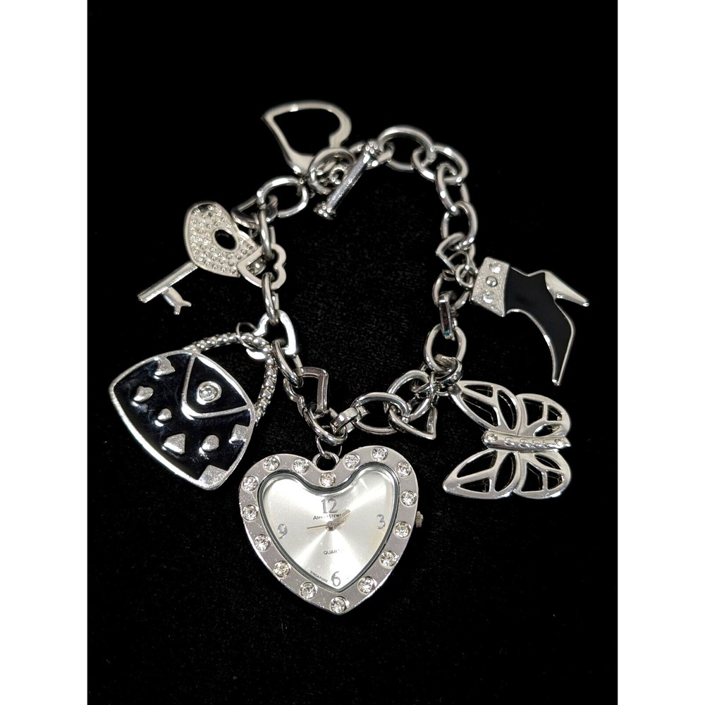 Ashley Stewart Charm Bracelet Watch Heart Butterfly Shoe New Battery 9"